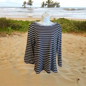 Nautica Womens  Shirt Large Navy White Striped Long Sleeve Cotton Preppy Casual